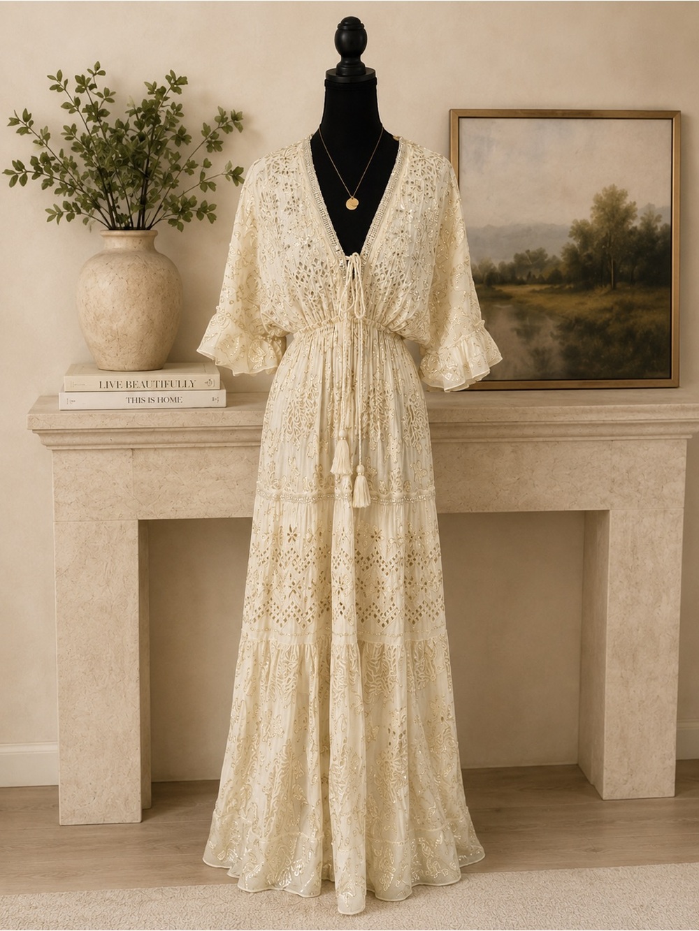 Palak Boutique Ivory and Gold Beaded Dress | Sequin Embroidered Tassel S:Medium